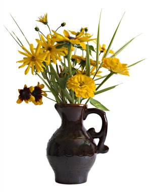 Kahverengi hamurlu vazoda sarı dekoratif ayçiçeği