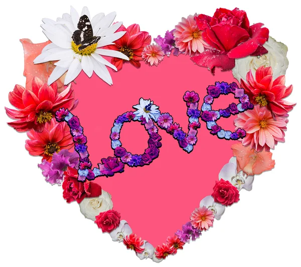 Coração bonito com lenda feita de flores diferentes — Fotografia de Stock