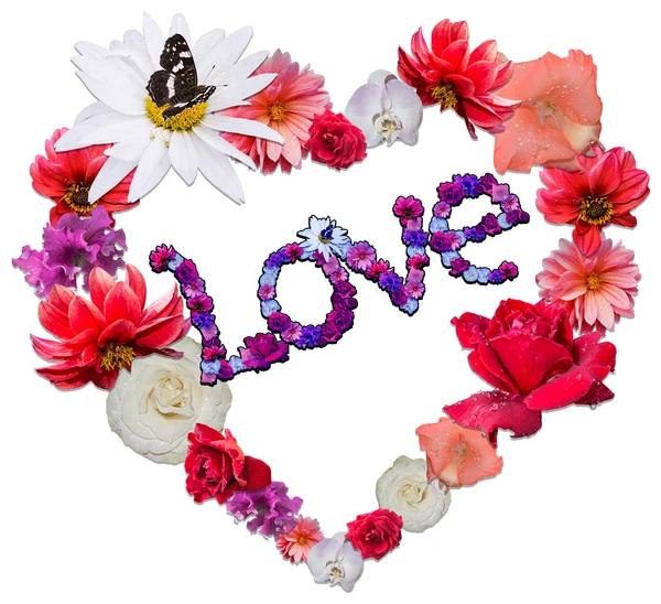 Beautiful heart with legend made of different flowers — Stock Photo, Image