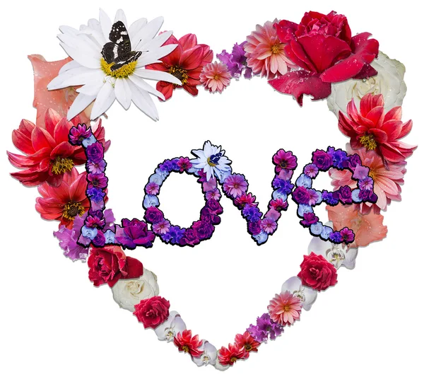 Beautiful heart with legend made of different flowers — Stock Photo, Image