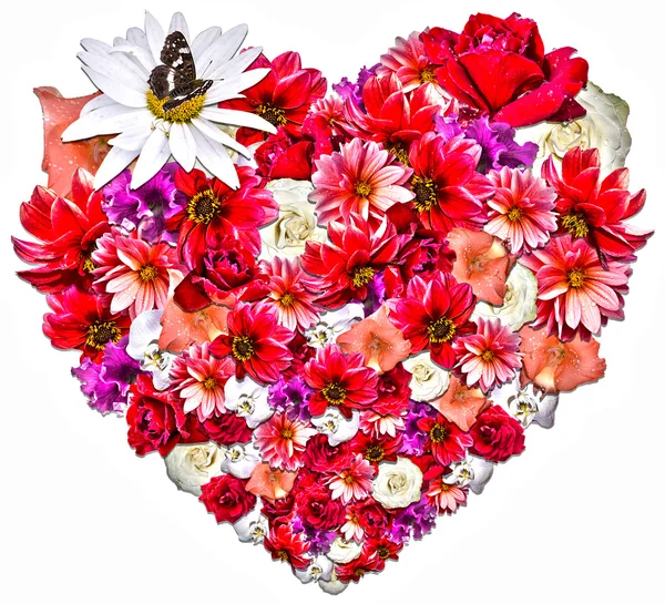 Hermoso corazón hecho de diferentes flores sobre fondo blanco — Foto de Stock