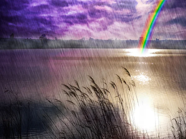 Lakeside yağmur sırasında gizemli peyzaj