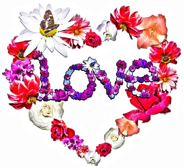 Hermoso corazón con leyenda hecha de diferentes flores — Foto de Stock