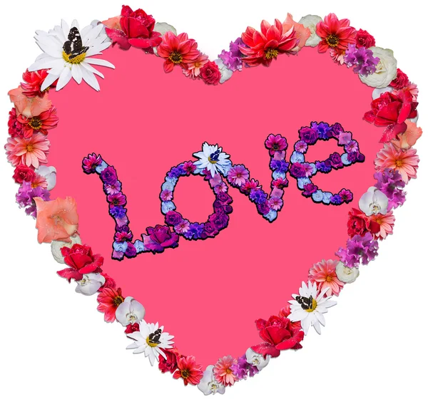 Coração bonito com lenda feita de flores diferentes — Fotografia de Stock