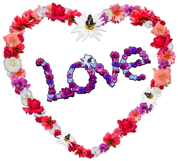 Beautiful heart with legend made of different flowers on white b — Stock Photo, Image