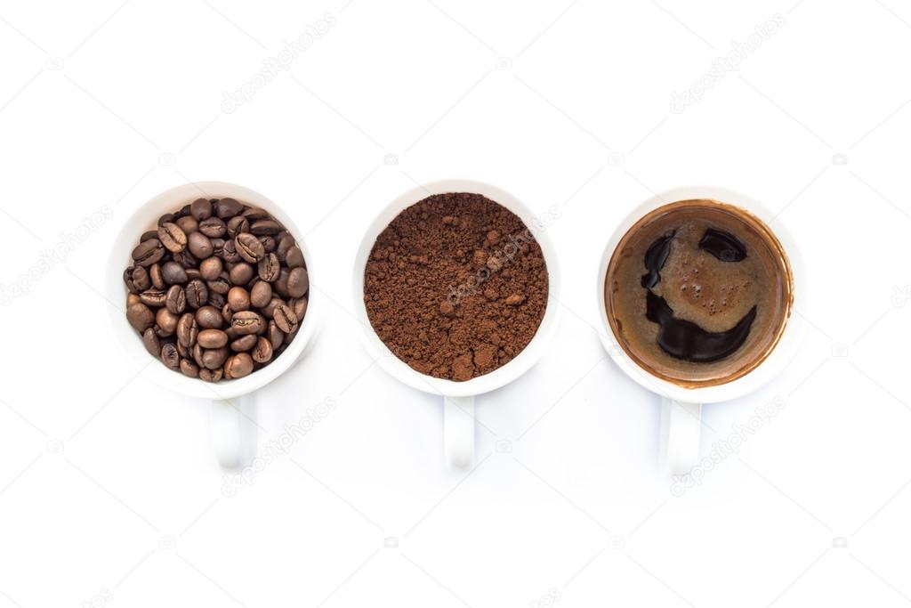 Three cups of different stages of preparing coffee