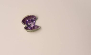 Cam, mor kalp şeklinde elmas işlemeli. İçi mor parıltılı doğal istiridye kabuğuyla kesilmiş. Sağ tarafta kopyalama alanı var. Düz renkte bej arkaplan.