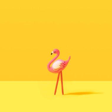 Minimum yaz flamingo bebeği tropikal konsepti. Sarı arkaplan aydınlatılıyor.
