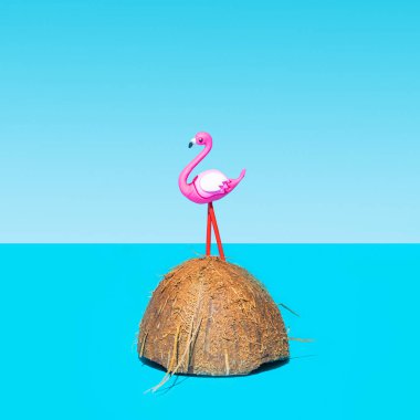 Mavi deniz ve mavi gökyüzü arkaplanlı hindistan cevizinin yarısı üzerinde duran flamingo bir oyuncak. Tropikal izole ada konsepti.