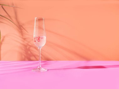 Terracotta 'ya karşı kırmızı frenk üzümü konseptli bir kadeh şampanya ve yapraklı açık mor arka plan ve gölge..