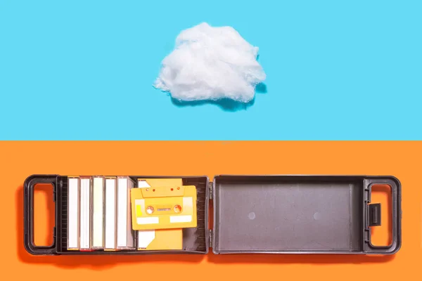 Present Music Inspired Concept Open Box Cassette Cotton Cloud Shaped — Stock Photo, Image