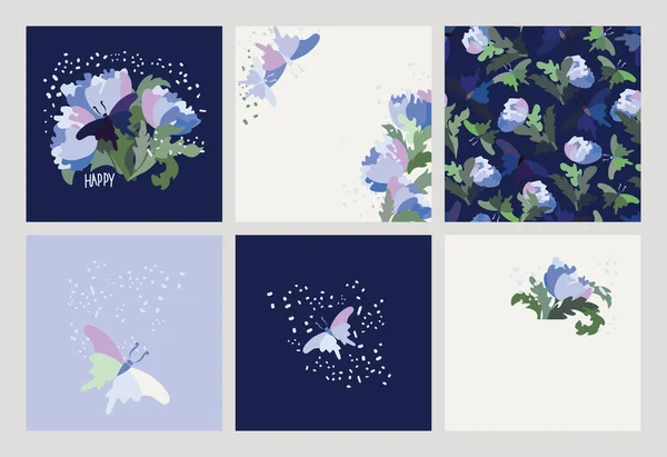 Virágos Kártyák Sorozata Vektor Bazsarózsa Pillangók Virágdísz Kék Fehér Alapon — Stock Vector
