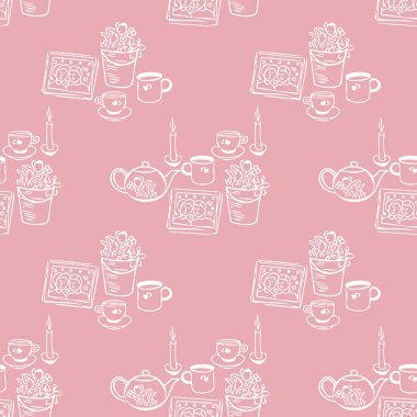 Çay partisi kusursuz desenli. Karalama stili çaydanlık fincanlarıyla çizilmiş romantik bir resim ve bir buket çiçekle kovayla