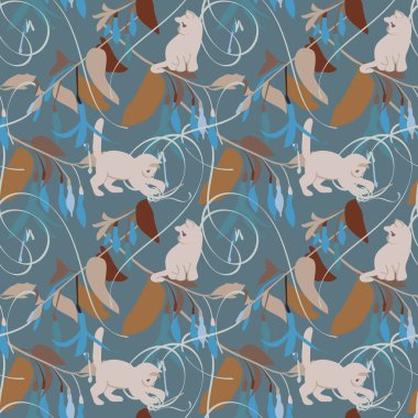 Bir tebrik kartı, tekstil, kumaş, duvar kağıdı, ambalaj kağıdı için kediler kusursuz desen. Mavi arka planda kedi ve çiçeklerle renkli illüstrasyon, vektör