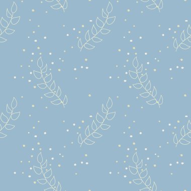 Yapraklı vektör deseni, mavi arka planda karalama şeklinde sıçrıyor. Geçmişe, tekstil ürünlerine, tekstil ürünlerine, ambalaj kağıtlarına, duvar kağıtlarına uygun