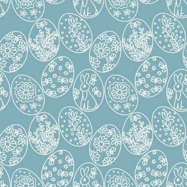 Dekoratif Paskalya tavşanlarının, kuşların, yumurtaların ve çiçeklerin kusursuz deseni. Vektör şenlik düzeni. Geçmişleri, ambalaj kağıtları, kumaşlar için uygun..