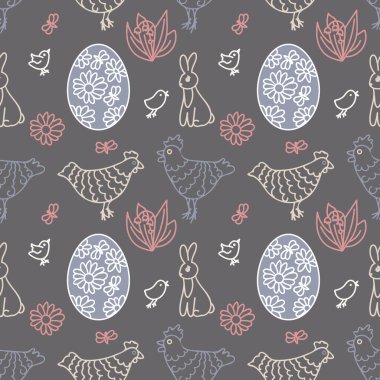 Dekoratif Paskalya tavşanlarının, kuşların, yumurtaların ve çiçeklerin kusursuz deseni. Vektör şenlik düzeni. Geçmişleri, ambalaj kağıtları, kumaşlar için uygun..