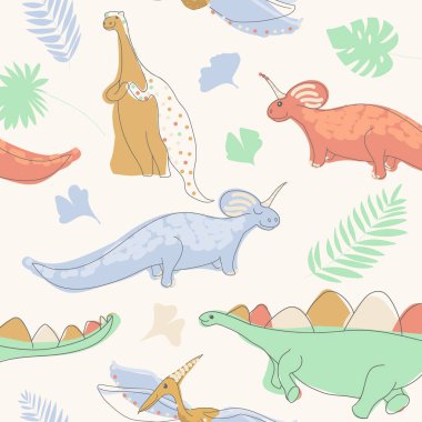 Şirin dinozorlar. Tarih öncesi hayvan ve bitkilerin iz, poster, kart ve davetiyelere uygun kusursuz desenleri..