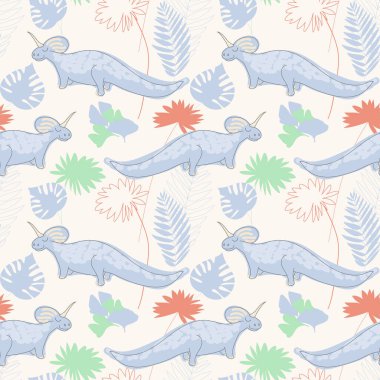 Şirin dinozorlar. Tarih öncesi hayvan ve bitkilerin iz, poster, kart ve davetiyelere uygun kusursuz desenleri..