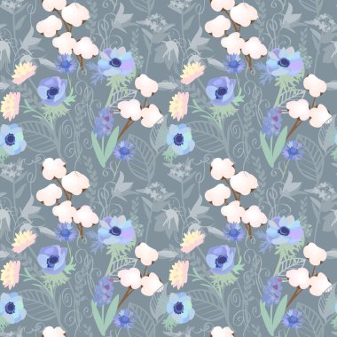 Çiçeksel vektör pürüzsüz desen. Poster, tekstil, kumaş, arkaplan tasarımı. Pamuk çiçekleri, şakayıklar, mavi arka planda çiçek.
