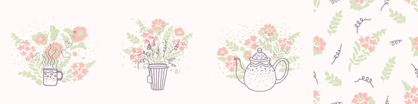 Vektoros Poszterkészlet Egy Csésze Teával Teáskanna Virágok Hátterén Zökkenőmentes Minta — Stock Vector