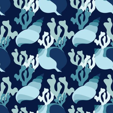 Denizcilik temasındaki vektörsüz desen. Mavi arka planda deniz bitkileri ve hayvanlar. Kumaşlar, tekstil, duvar kağıtları, posterler, arka planlar için uygun