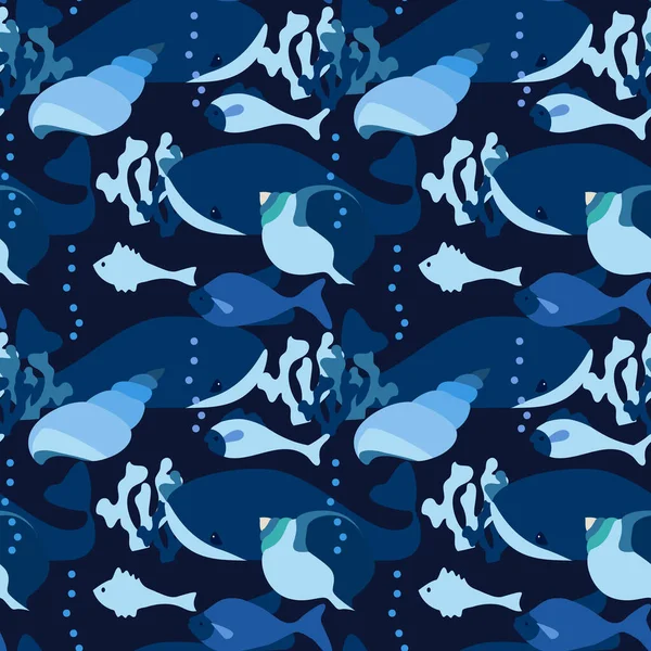 Vector Seamless Pattern Marine Theme Sea Plants Animals Blue Background — Stock Vector