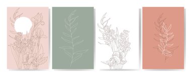 Set of floral posters with place for text. Graphic drawings of garden flowers. Suitable for backgrounds, cards, invitations, posters.