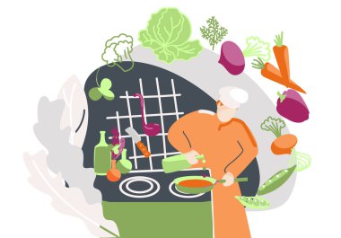 Vektör çizimi. Şef sobanın yanında lezzetli sağlıklı yiyecekler hazırlar. Broşürler, reklamlar, sosyal medya paylaşımları için uygun.