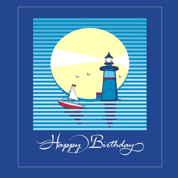 Happy Birthday Card Lighthouse Marine Motives Basic Cmyk — Stock Vector