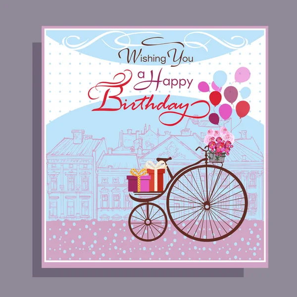 Happy Birthday Card Bicykle Baloons Sky Basic Cmyk — Stock Vector