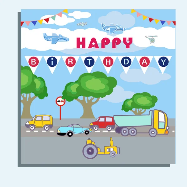 風景の中で車を持つ子供たちのための幸せな誕生日 — ストックベクタ