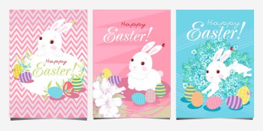 Mutlu paskalya kartpostalları beyaz tavşan ve yumurtalar