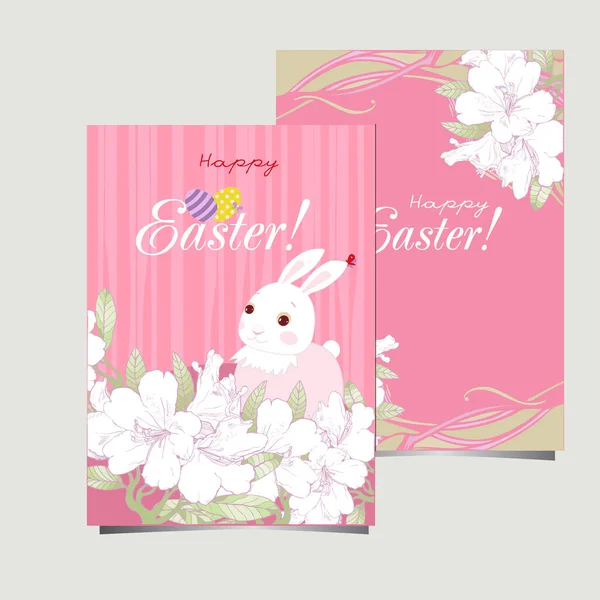 Happy Easter Postcard White Funny Bunny Eggs Pink Background — Stock Vector