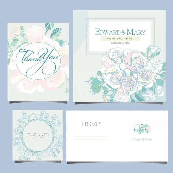 Wedding Invitation Roses Flowers Pastel Colors Rsvp Thank You Card — Stock Vector