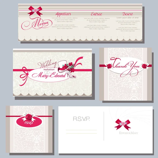 Tarjeta Invitación Boda Con Sombrero Zapatos Rosas Rojas — Vector de stock