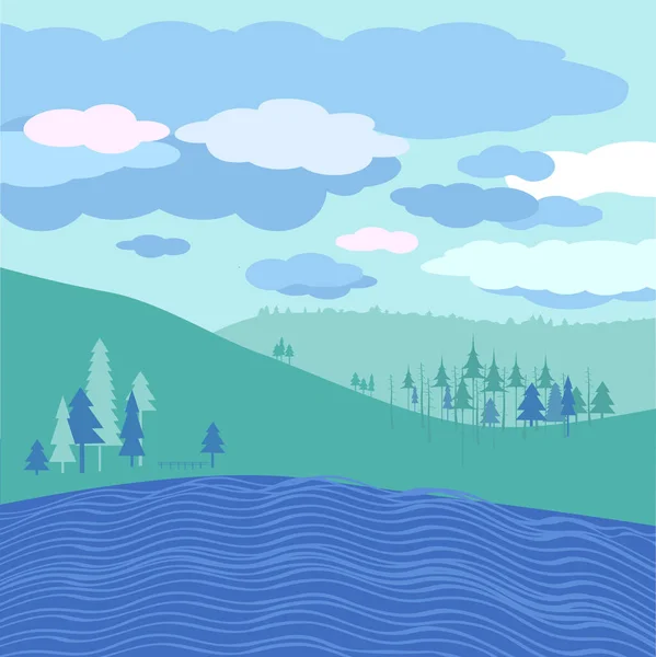 Ilustración Paisaje Bosque Cerca Lago Azul — Vector de stock