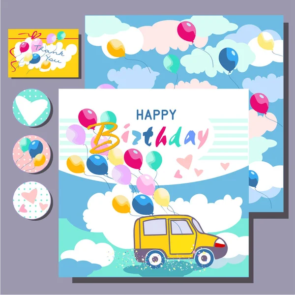 Cartes Anniversaire Joyeux Pour Les Enfants Avec Voiture Ballons — Image vectorielle