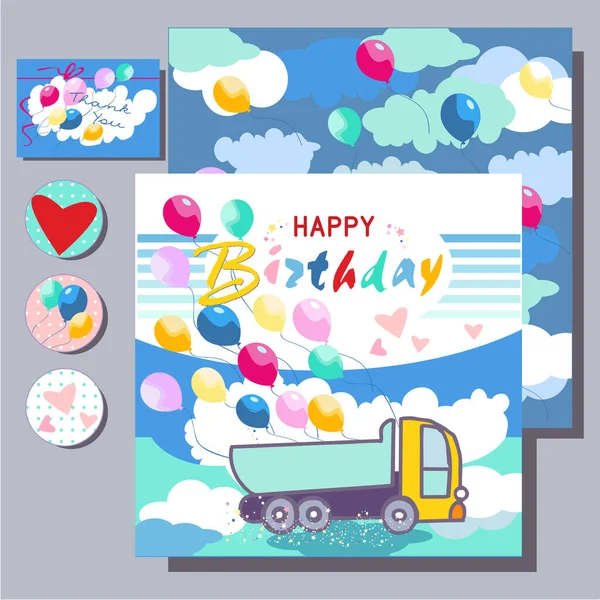 Cartes Anniversaire Joyeux Pour Les Enfants Avec Voiture Ballons — Image vectorielle