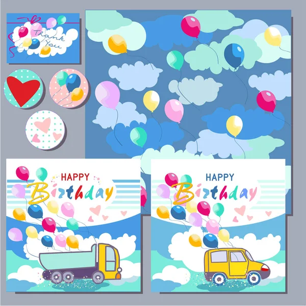 Cartes Anniversaire Joyeux Pour Les Enfants Avec Voiture Ballons — Image vectorielle