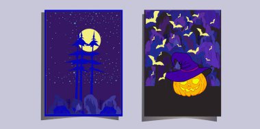 vector card halloween background with moon and bats