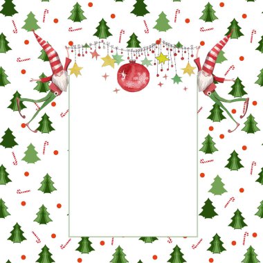 Kırmızı toplar ve cücelerle Noel süslemesi, aile fotoğrafı çerçevesi.