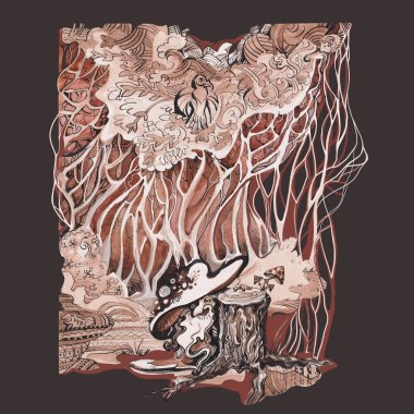 Ağaçlı sihirli orman ve küçük goblin, resimli kitaplar., 