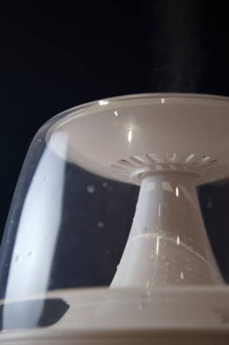 Masanın üzerinde duran beyaz cam nemlendirici yan taraftan buhar yayar.