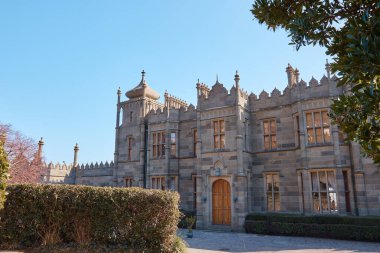 Ortaçağ kalesi, prenslerin evi, taş duvarlar, kuleler ve büyük meşe kapıları.