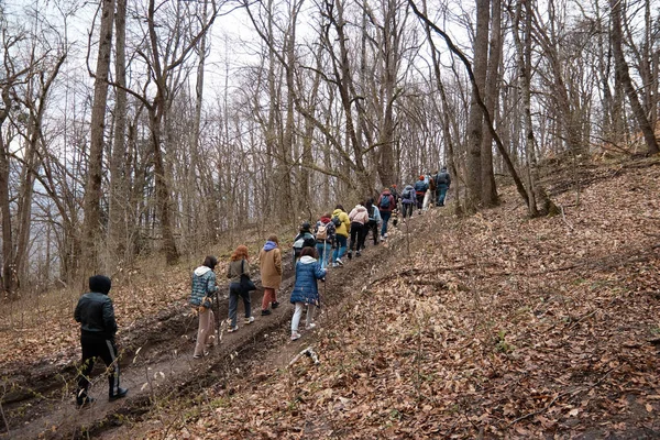 Un groupe de touristes grimpe la route forestière à la montagne, automne, forêt, arbres — Photo