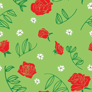 Yeşil arka planda gül ve yapraklı desen. Vektör illüstrasyonu.