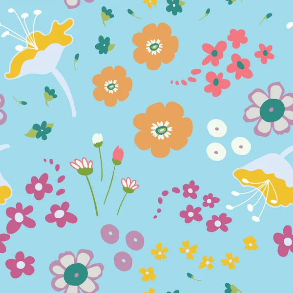 Безшовний пастельний візерунок з весняними квітами на синьому фоні . — стоковий вектор