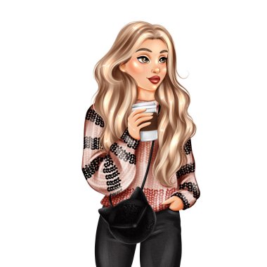 Süveter içinde kahve içen güzel bir kız. El çizimi moda illüstrasyonu