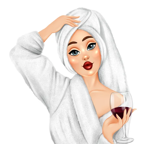 Grappig Meisje Badjas Met Een Glas Wijn Handgetekende Mode Illustratie — Stockfoto